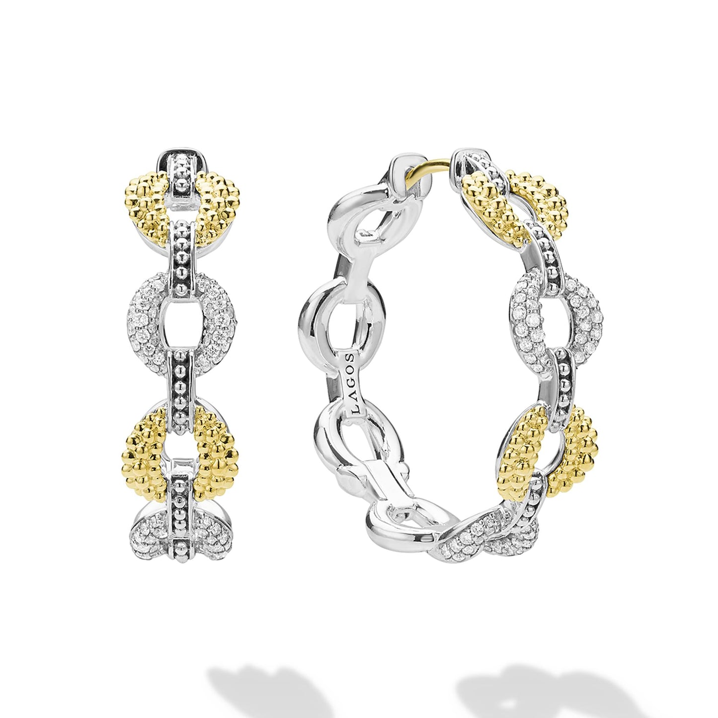 Caviar Lux Two-Tone Link Diamond Hoop Earrings with interlocking yellow and white gold links, featuring caviar texture and pavé diamond accents in a sculptural, modern hoop design.