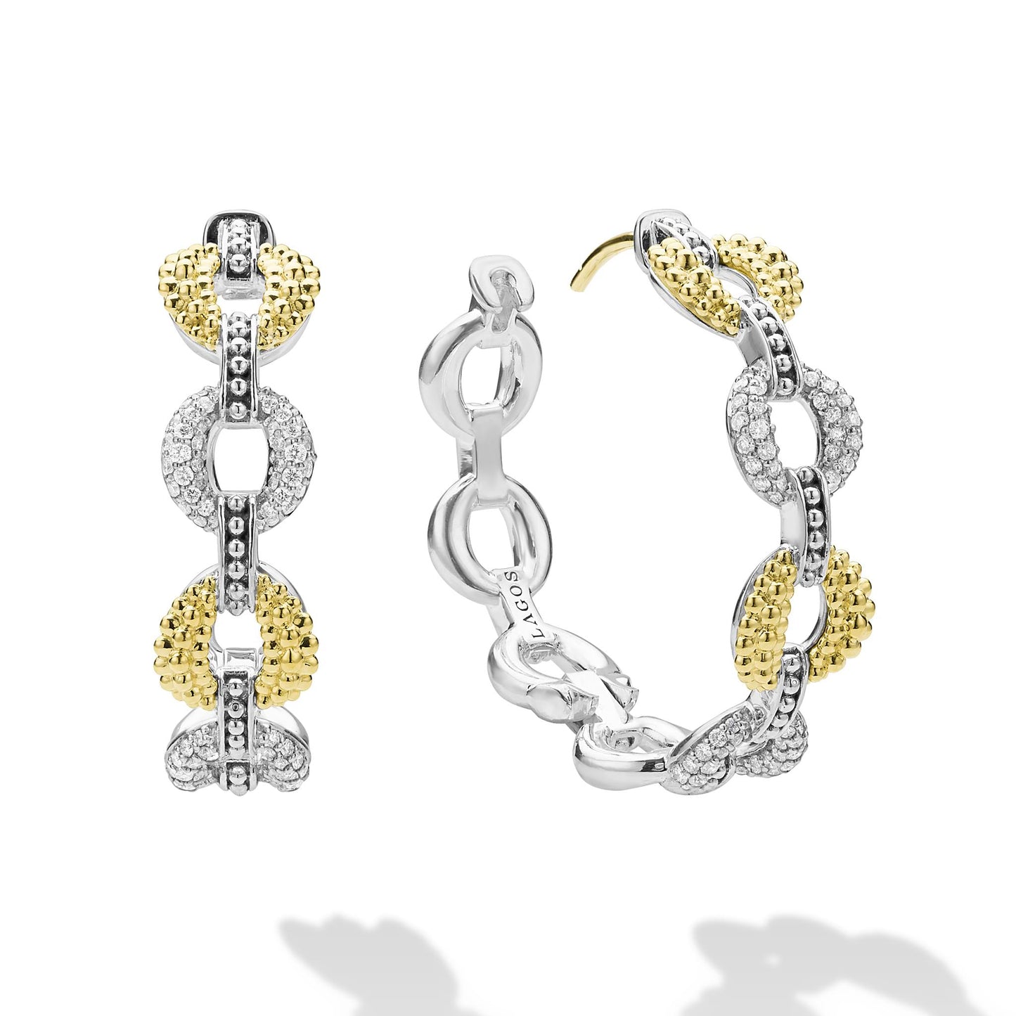 Caviar Lux Two-Tone Link Diamond Hoop Earrings with interlocking yellow and white gold links, featuring caviar texture and pavé diamond accents in a sculptural, modern hoop design.