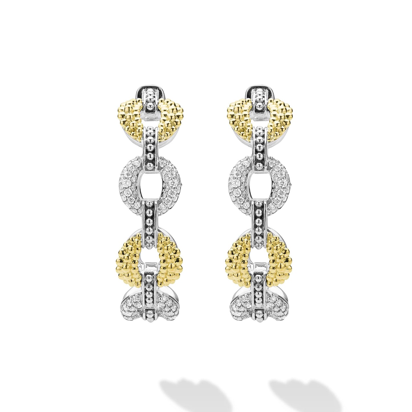 Caviar Lux Two-Tone Link Diamond Hoop Earrings with interlocking yellow and white gold links, featuring caviar texture and pavé diamond accents in a sculptural, modern hoop design.