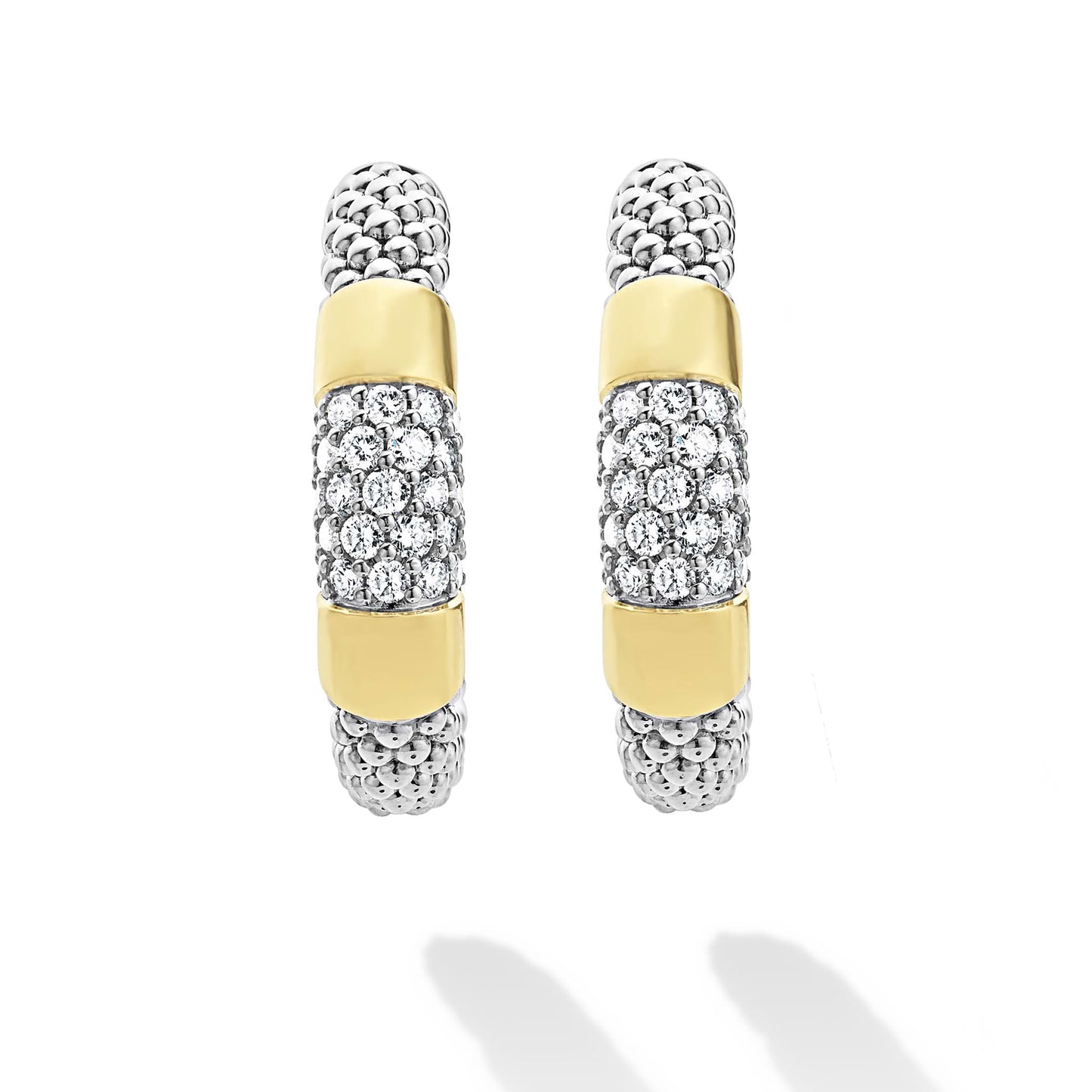 High Bar Two-Tone Diamond Hoop Earrings featuring a sleek, elongated silhouette with yellow and white tones and pavé diamond accents, crafted in a modern high-bar design for refined elegance.