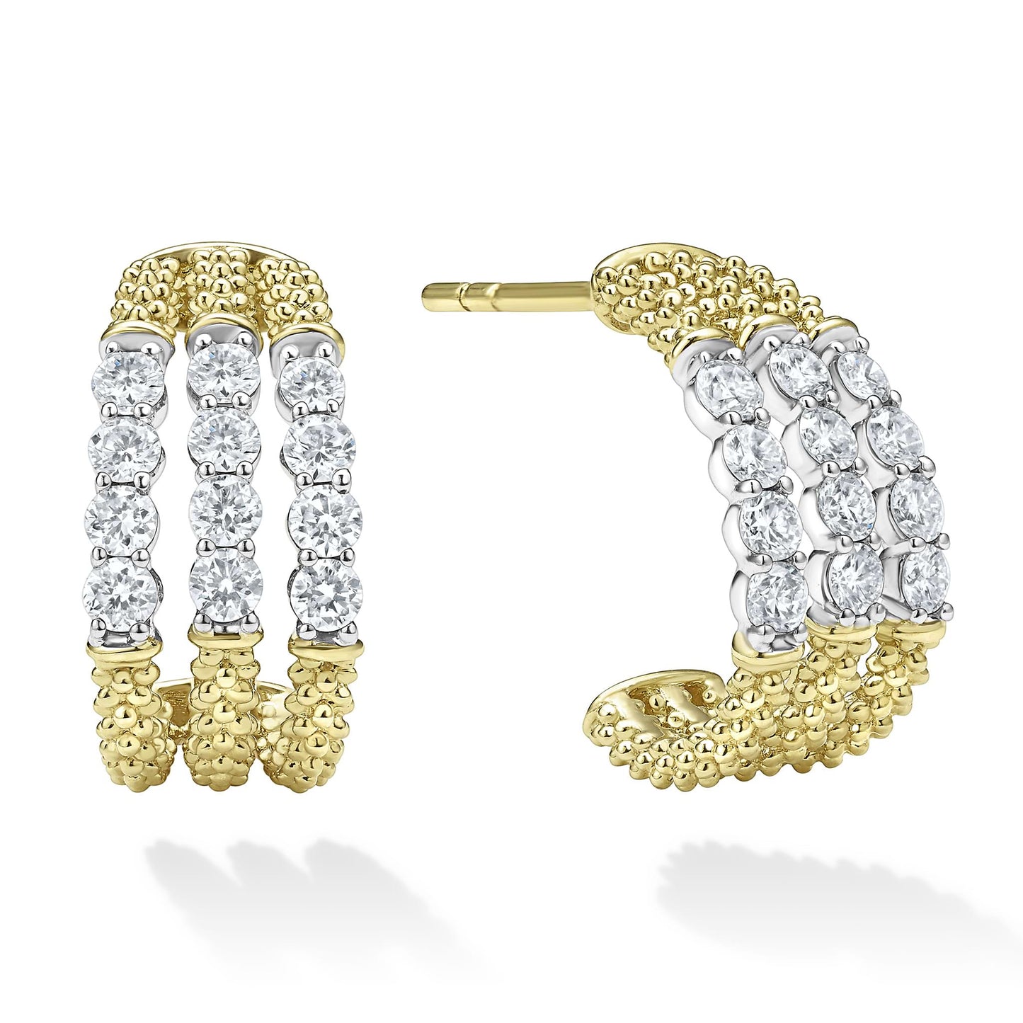 Signature Caviar Superfine Diamond Hoop Earrings with a slim, lightweight profile, featuring caviar-beaded texture and pavé diamond accents for a refined, minimalist look.