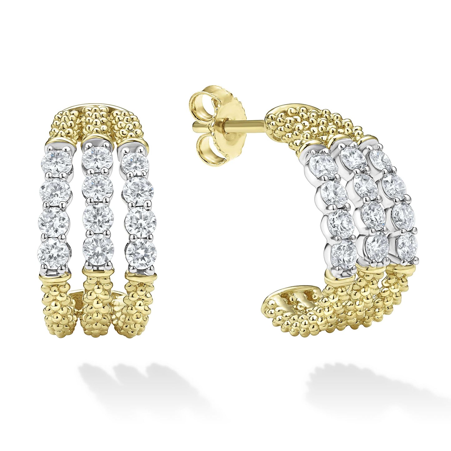 Signature Caviar Superfine Diamond Hoop Earrings with a slim, lightweight profile, featuring caviar-beaded texture and pavé diamond accents for a refined, minimalist look.