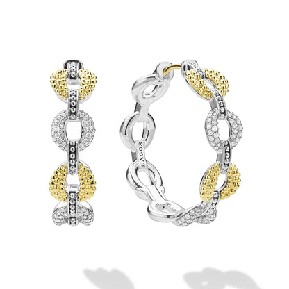 Caviar Lux Two-Tone Link Diamond Hoop Earrings with interlocking yellow and white gold links, featuring caviar texture and pavé diamond accents in a sculptural, modern hoop design.
