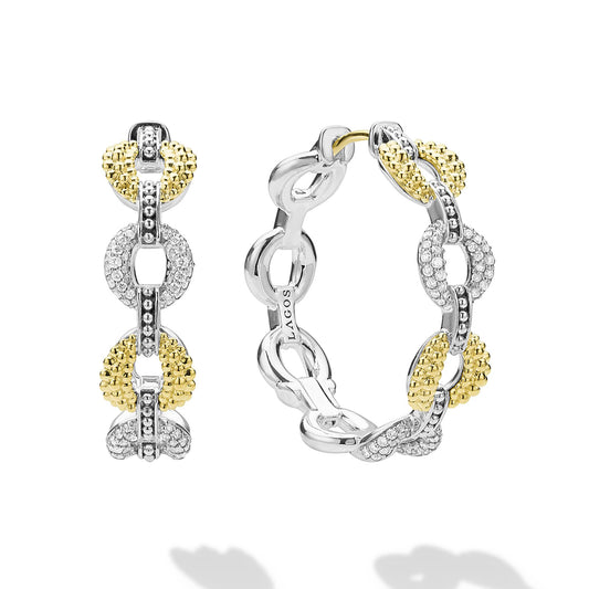Caviar Lux Two-Tone Link Diamond Hoop Earrings with interlocking yellow and white gold links, featuring caviar texture and pavé diamond accents in a sculptural, modern hoop design.