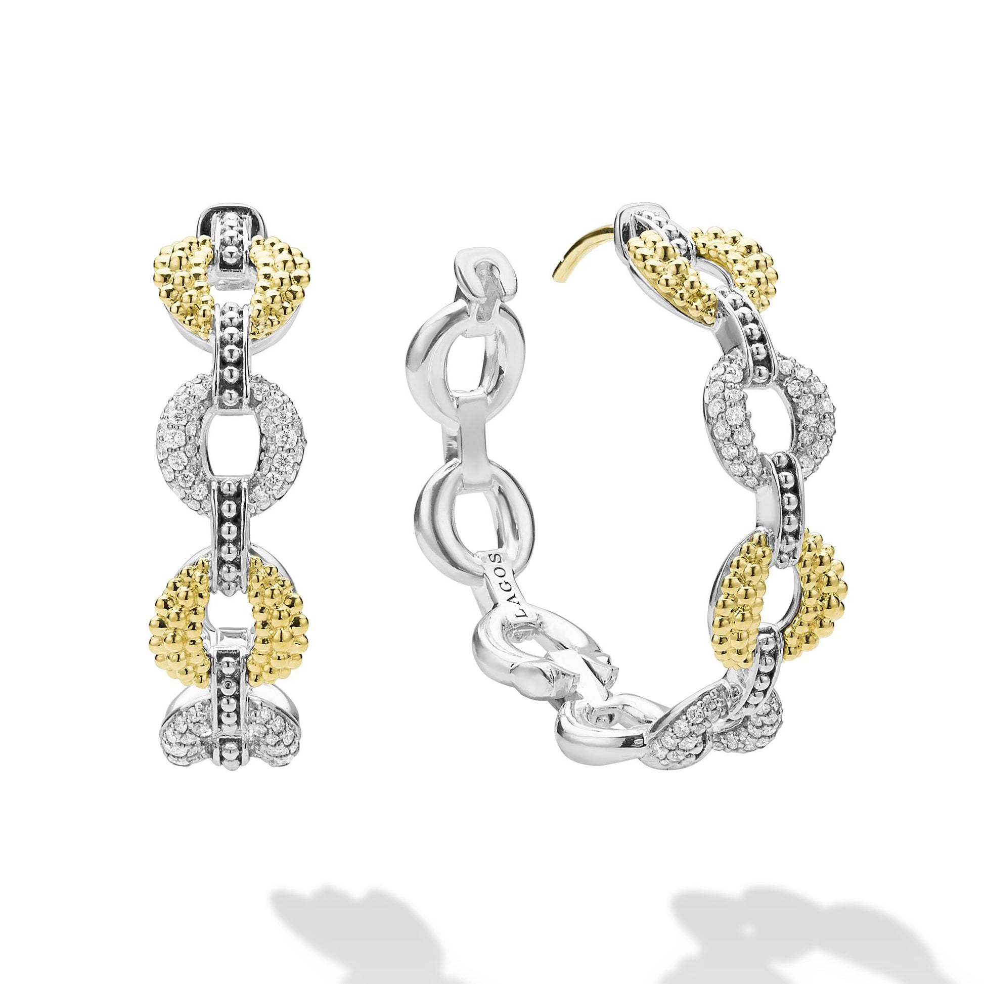 Caviar Lux Two-Tone Link Diamond Hoop Earrings with interlocking yellow and white gold links, featuring caviar texture and pavé diamond accents in a sculptural, modern hoop design.