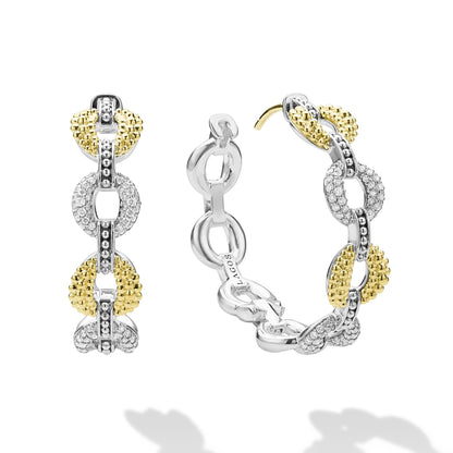 Caviar Lux Two-Tone Link Diamond Hoop Earrings with interlocking yellow and white gold links, featuring caviar texture and pavé diamond accents in a sculptural, modern hoop design.