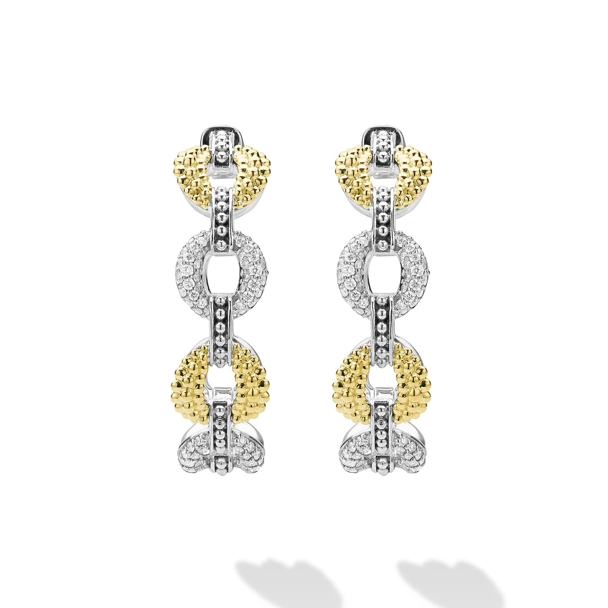 Caviar Lux Two-Tone Link Diamond Hoop Earrings with interlocking yellow and white gold links, featuring caviar texture and pavé diamond accents in a sculptural, modern hoop design.