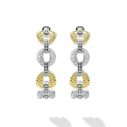 Caviar Lux Two-Tone Link Diamond Hoop Earrings with interlocking yellow and white gold links, featuring caviar texture and pavé diamond accents in a sculptural, modern hoop design.