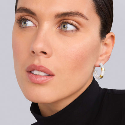 High Bar Two-Tone Diamond Hoop Earrings featuring a sleek, elongated silhouette with yellow and white tones and pavé diamond accents, crafted in a modern high-bar design for refined elegance.