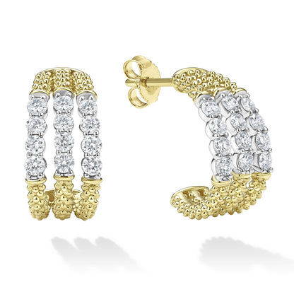 Signature Caviar Superfine Diamond Hoop Earrings with a slim, lightweight profile, featuring caviar-beaded texture and pavé diamond accents for a refined, minimalist look.
