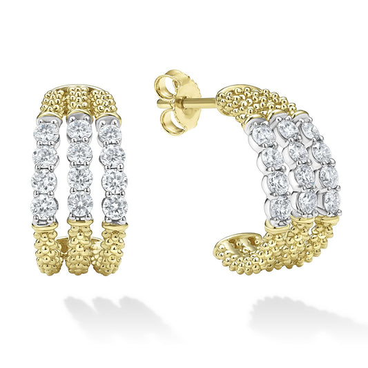 Signature Caviar Superfine Diamond Hoop Earrings with a slim, lightweight profile, featuring caviar-beaded texture and pavé diamond accents for a refined, minimalist look.
