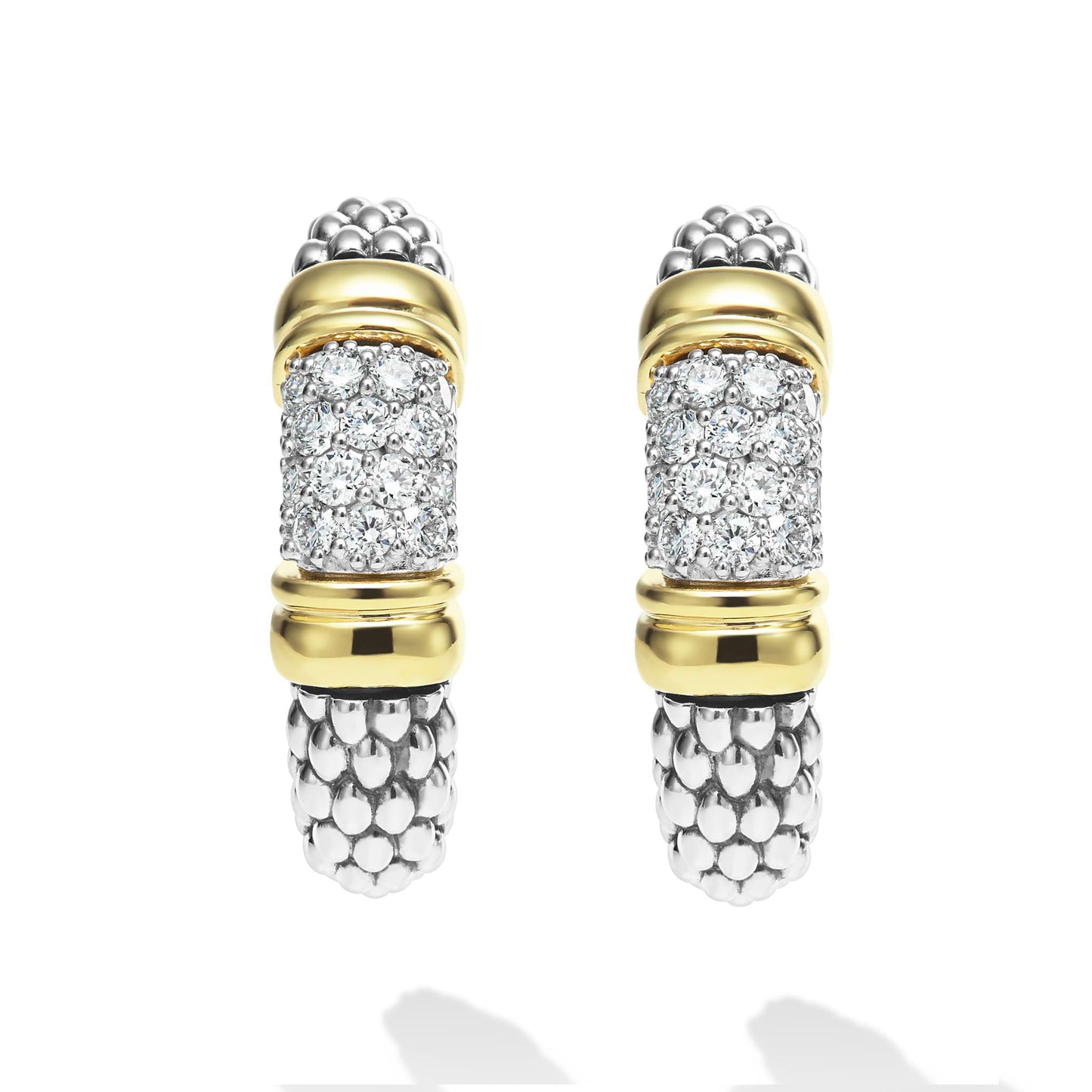 Signature Caviar Two-Tone Diamond Hoop Earrings featuring yellow and white metal tones with caviar-beaded texture and pavé diamond accents; sculptural, lightweight design for modern luxury and versatile wear.