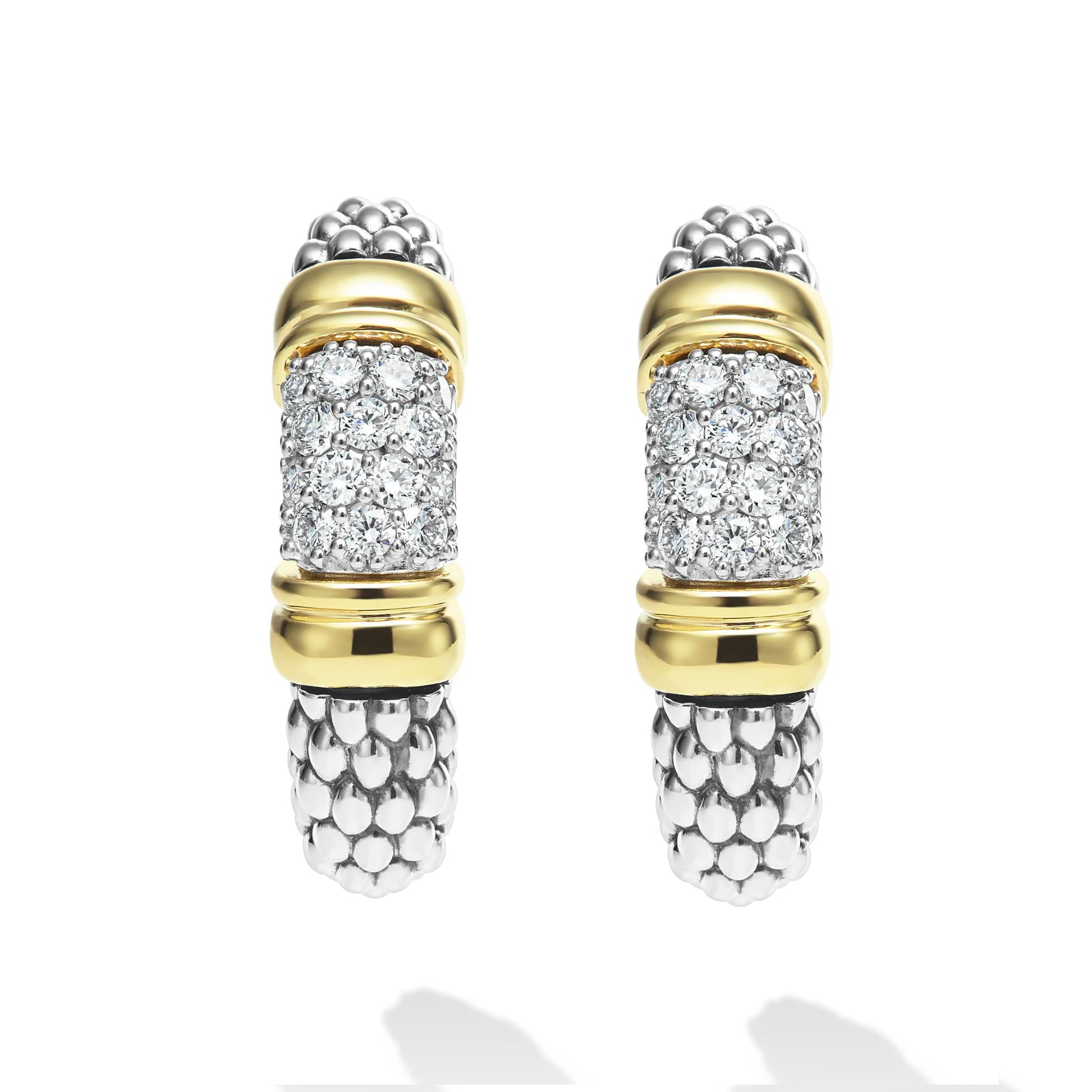 Signature Caviar Two-Tone Diamond Hoop Earrings featuring yellow and white metal tones with caviar-beaded texture and pavé diamond accents; sculptural, lightweight design for modern luxury and versatile wear.