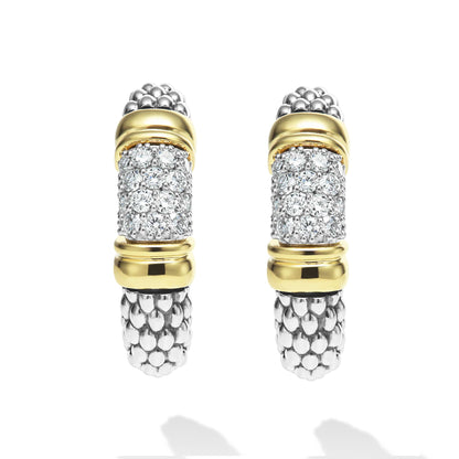 Signature Caviar Two-Tone Diamond Hoop Earrings featuring yellow and white metal tones with caviar-beaded texture and pavé diamond accents; sculptural, lightweight design for modern luxury and versatile wear.