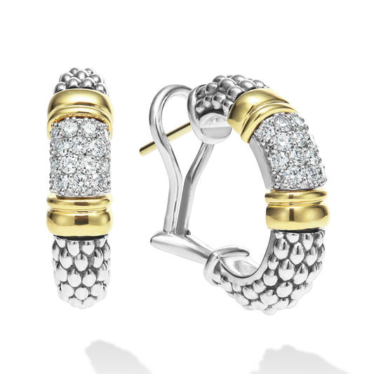 Signature Caviar Two-Tone Diamond Hoop Earrings featuring yellow and white metal tones with caviar-beaded texture and pavé diamond accents; sculptural, lightweight design for modern luxury and versatile wear.
